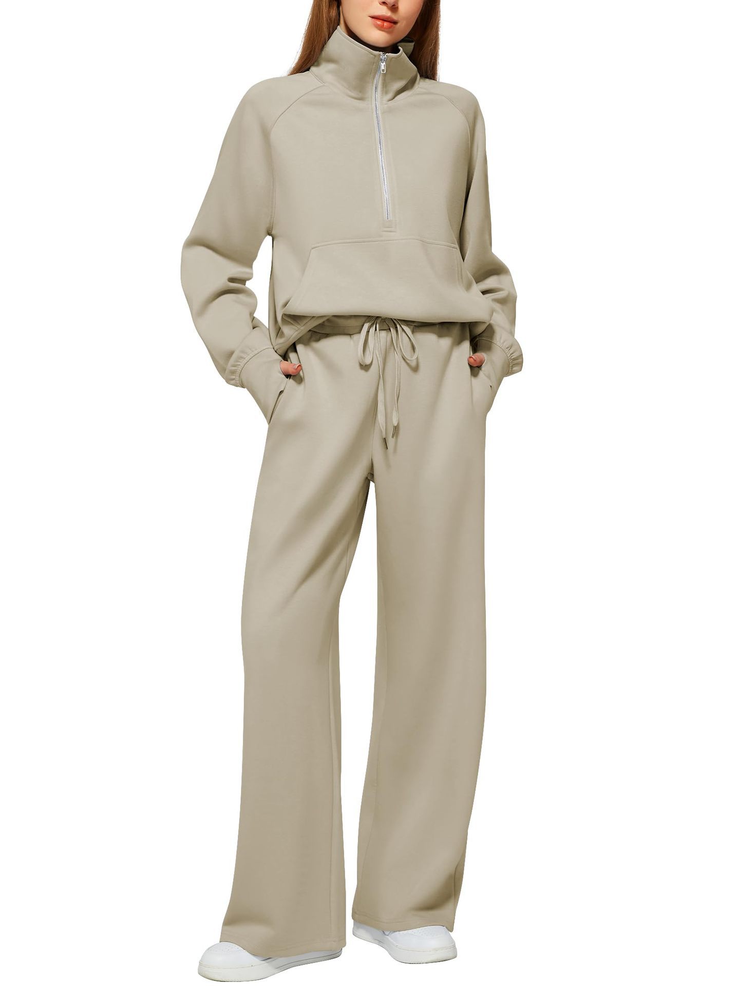 📦📦CLEARANCE SALE🔥 Women's Solid Color Cotton Half Zip Two-Piece Set