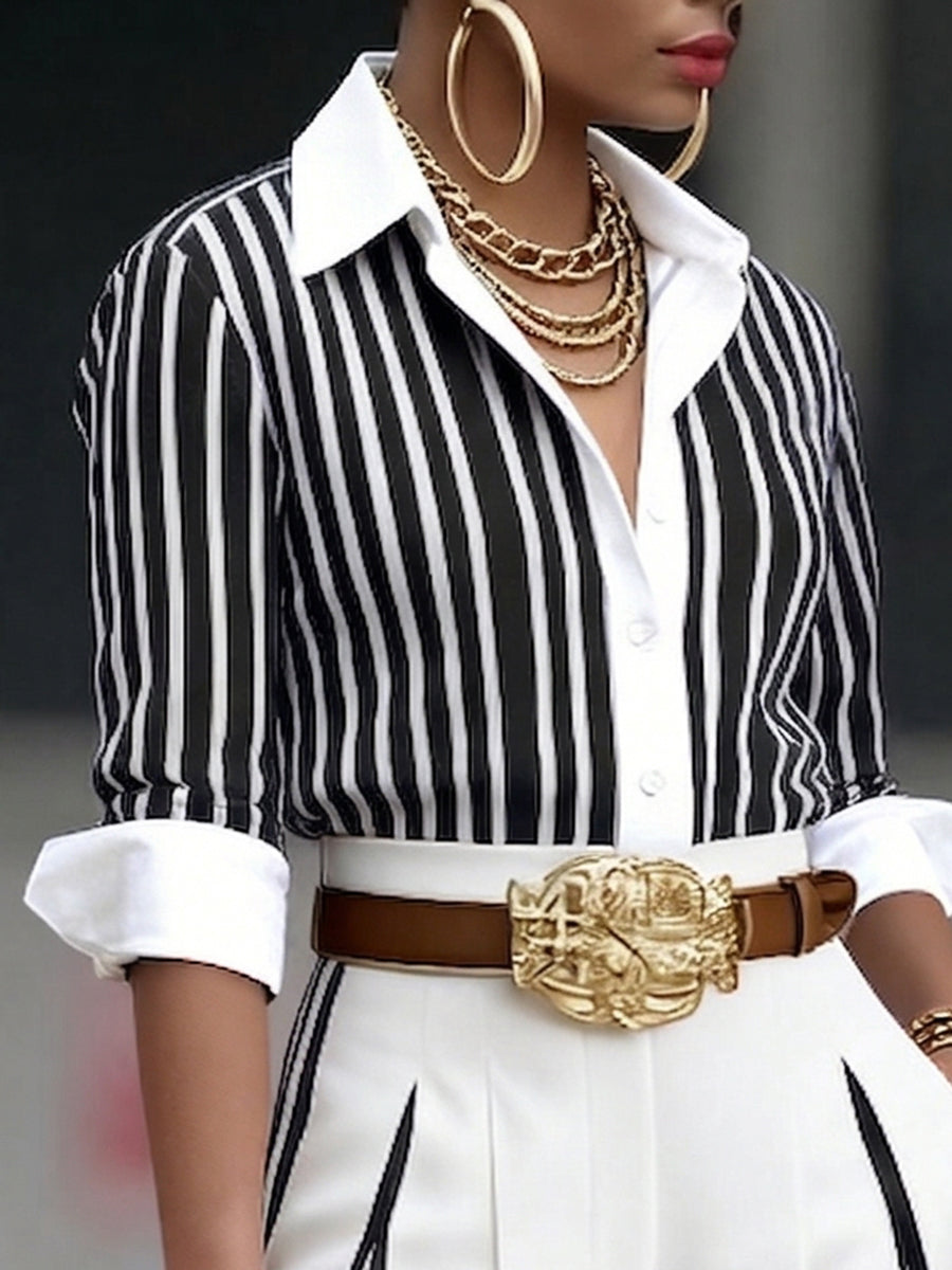 Elegant Artistic Striped Shirt - Sophisticated Linear Print Blouse