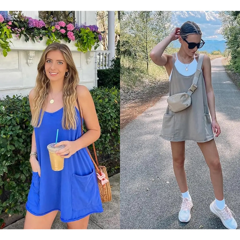 ✨✨Women's Summer Sleeveless  Mini Dress with Built-in Shorts V Neck Spaghetti Straps Athletic Shorts Tennis Dress with Pockets