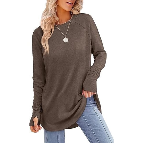📦📦LAST DAY SAVE 49% ⏰Womens Tunic Tops to Wear with Leggings Long Sleeve Thumb Crew Neck Curved Hem