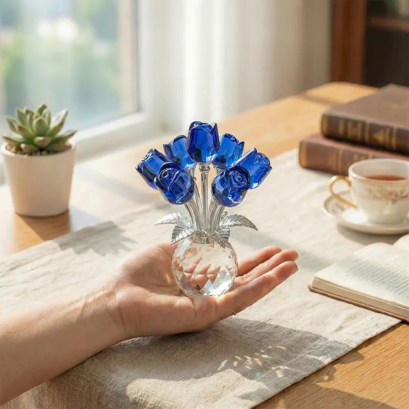 ✨✨Colorful Rose Flower Crystal Figurine with Vase Bouquet K9 Crystal Handmade Ornament