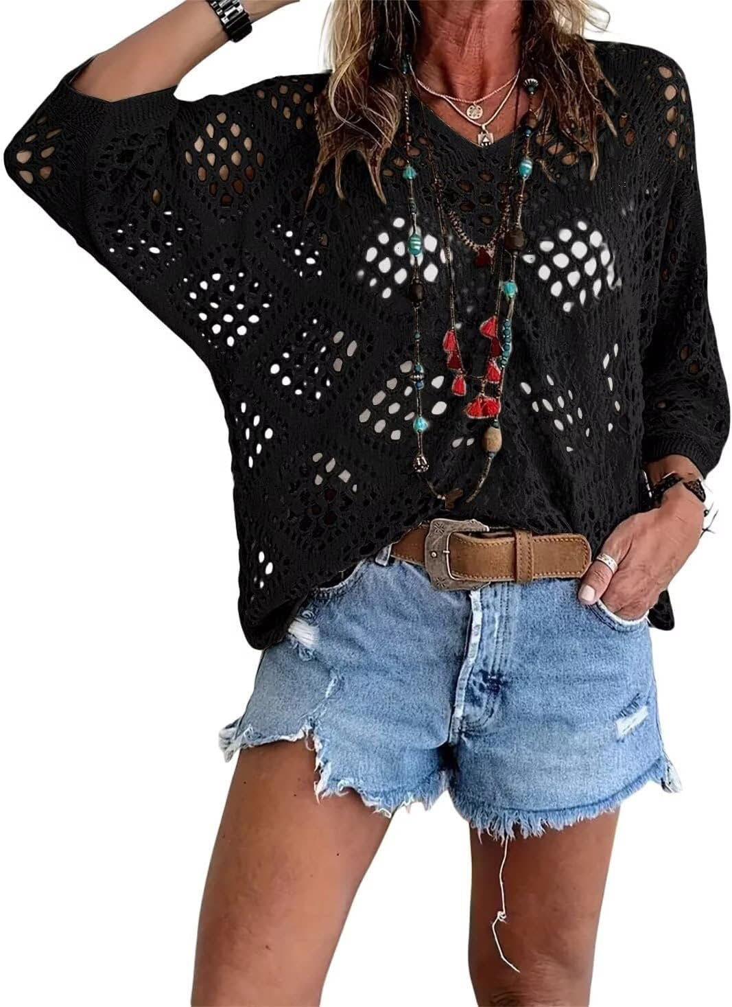 ✨✨Women's Bohemian-Inspired Beige Crochet Top with V-Neck