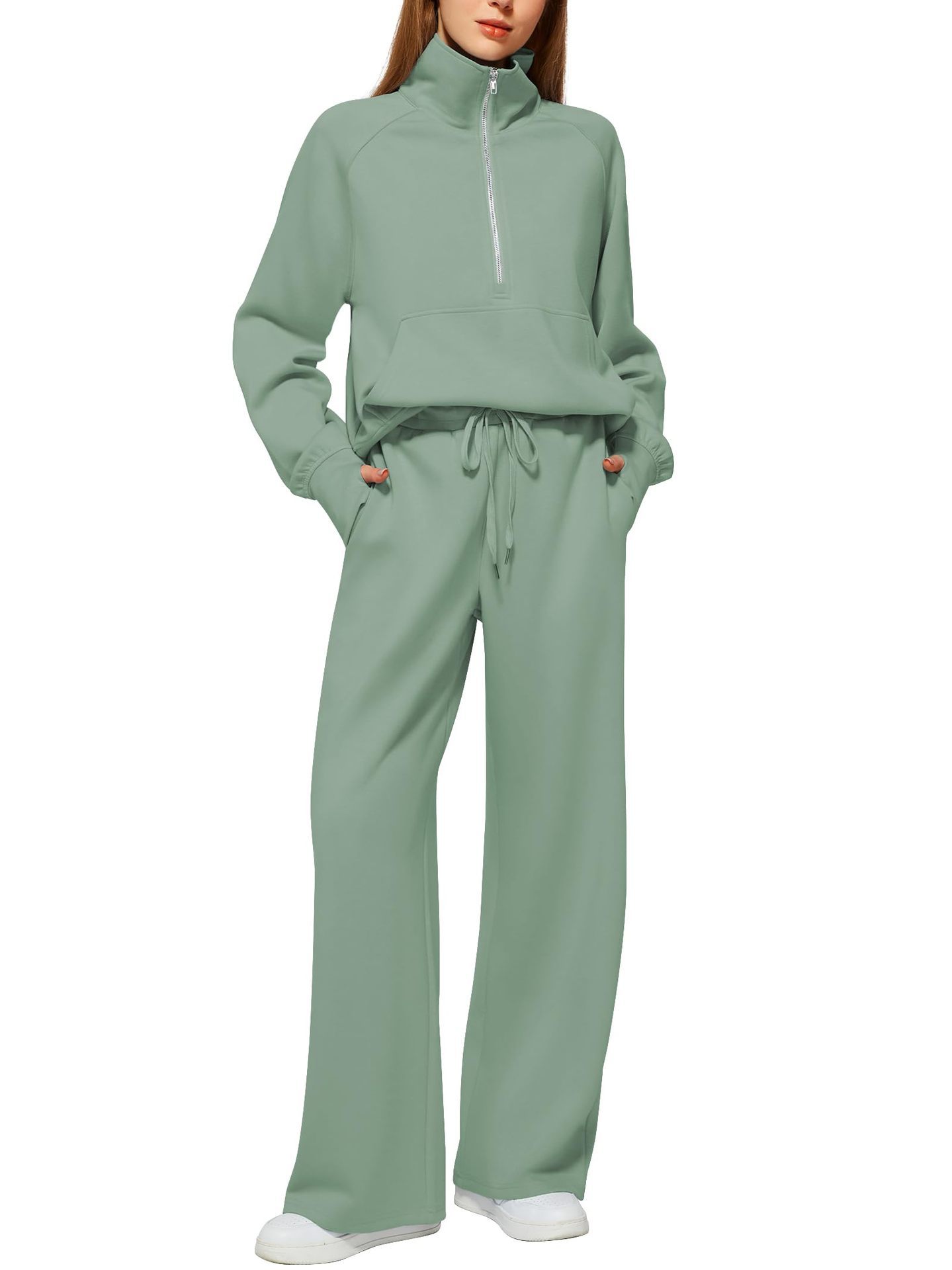 📦📦CLEARANCE SALE🔥 Women's Solid Color Cotton Half Zip Two-Piece Set