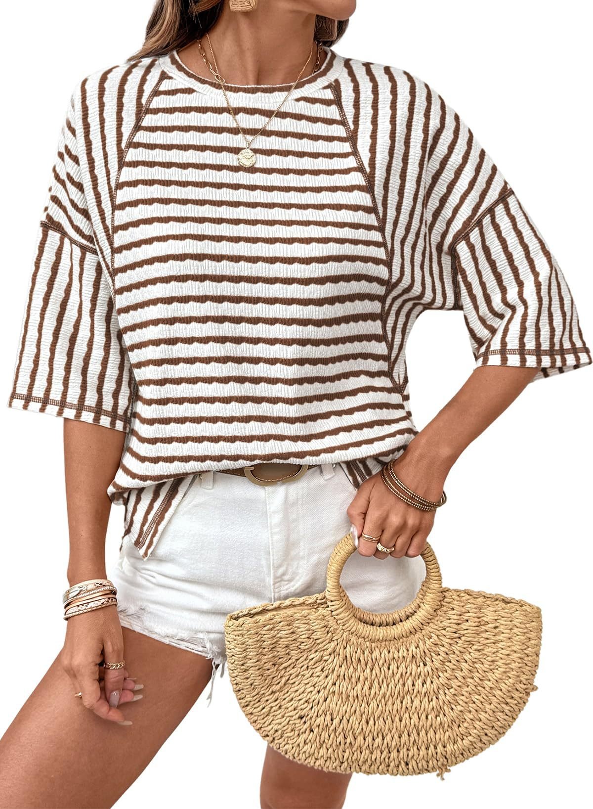 📦📦LAST DAY SAVE 49% ⏰Womens Summer Tops Oversized Tshirts for Women Striped Color Block Short Sleeve T Shirts Crewneck Casual Tee Blouses