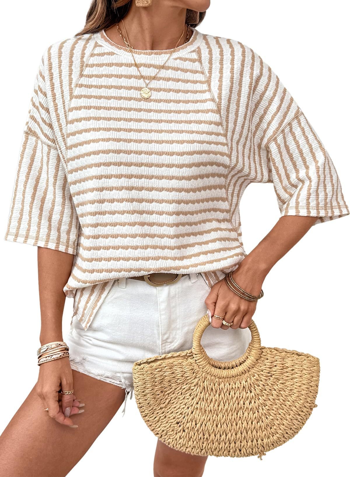 📦📦LAST DAY SAVE 49% ⏰Womens Summer Tops Oversized Tshirts for Women Striped Color Block Short Sleeve T Shirts Crewneck Casual Tee Blouses
