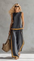 ✨✨Buy 2 Pcs Free Shipping - Women's Round Neck Sleeveless Casual Loose Top And High-waisted Loose Wide-leg Pants Cotton And Linen Set.
