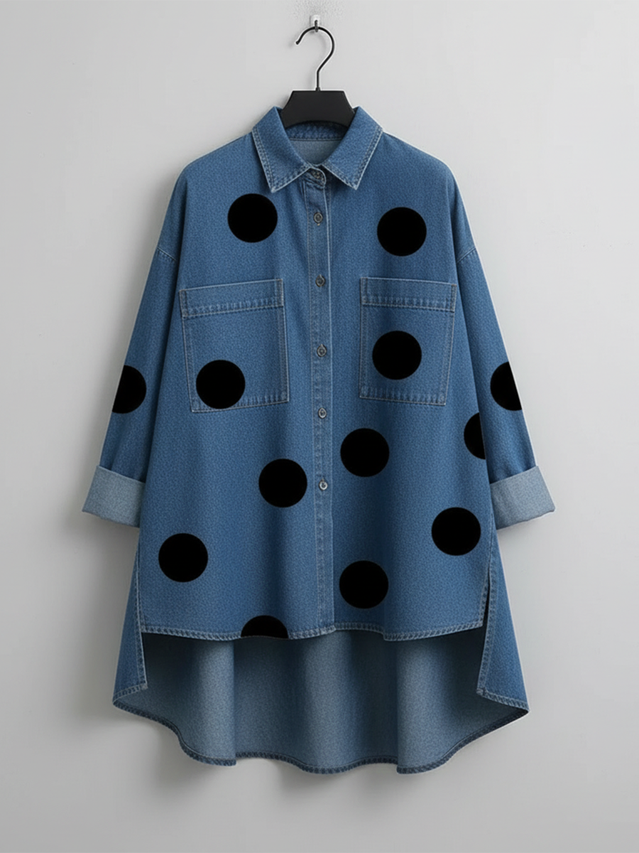 ✨✨Buy 2 Pcs Free Shipping - Elegant Artistic Polka Dot Print Stand-collar Denim Top