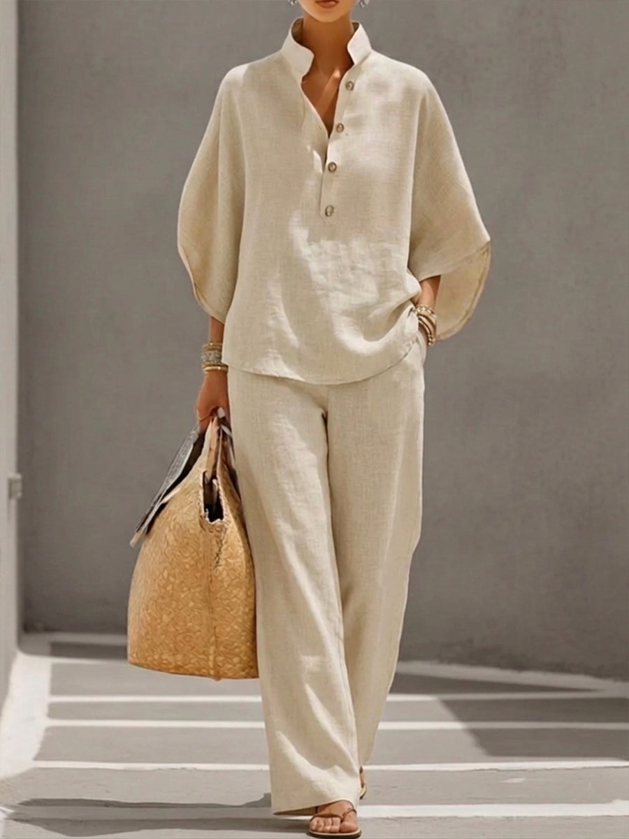 📦📦LAST DAY SAVE 49% ⏰Casual Batwing Sleeve Linen And Cotton Shirt And Trousers Two-piece Set