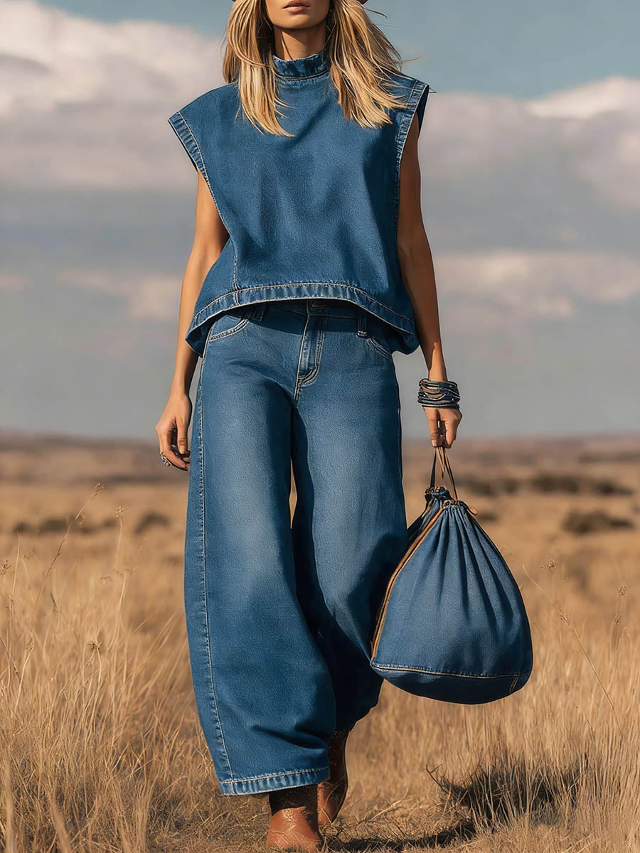 ✨✨Buy 2 Pcs Free Shipping - Women's Stand Collar Sleeveless Casual Loose Top and High Waisted Loose Wide Leg Denim Pants Set