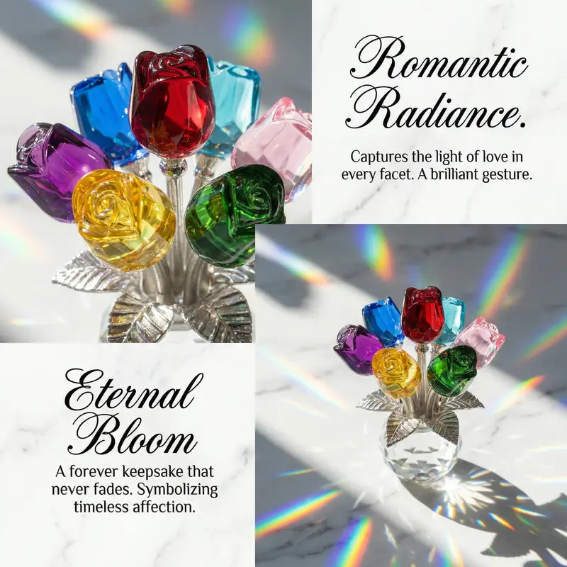 ✨✨Colorful Rose Flower Crystal Figurine with Vase Bouquet K9 Crystal Handmade Ornament