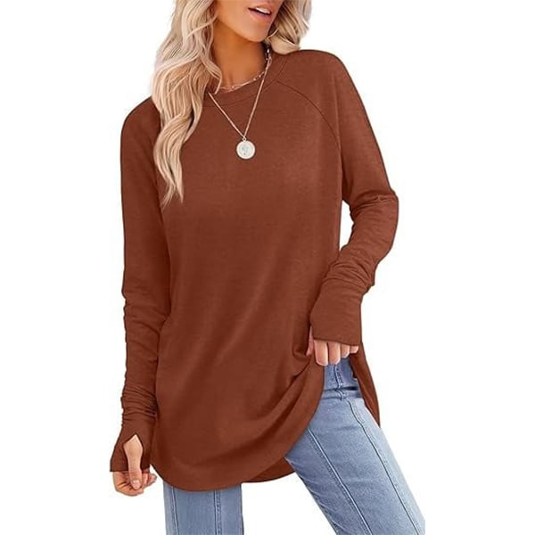 📦📦LAST DAY SAVE 49% ⏰Womens Tunic Tops to Wear with Leggings Long Sleeve Thumb Crew Neck Curved Hem