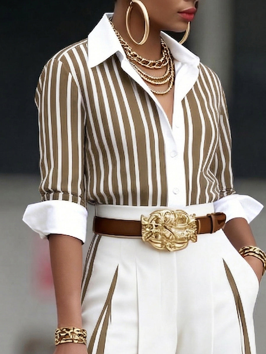 Elegant Artistic Striped Shirt - Sophisticated Linear Print Blouse