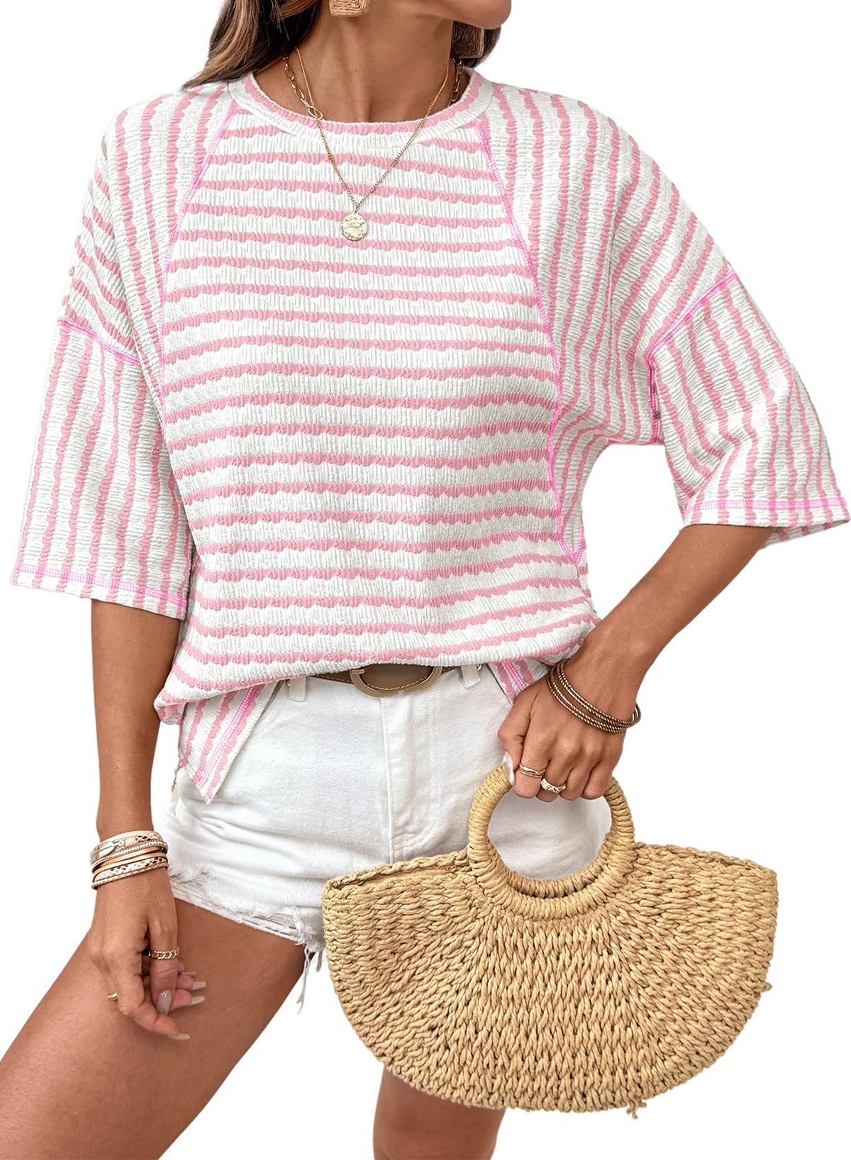 📦📦LAST DAY SAVE 49% ⏰Womens Summer Tops Oversized Tshirts for Women Striped Color Block Short Sleeve T Shirts Crewneck Casual Tee Blouses