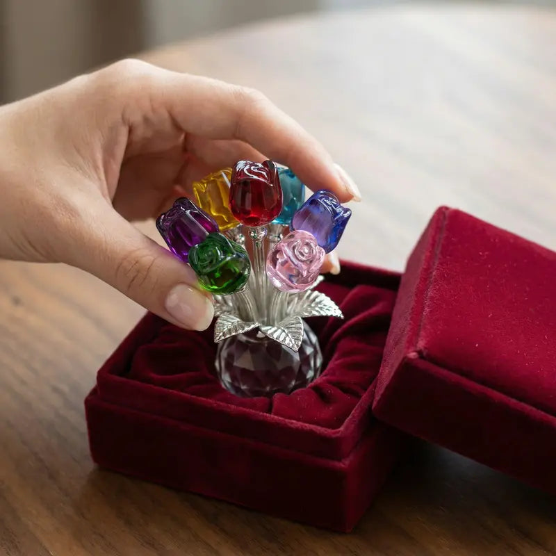 ✨✨Colorful Rose Flower Crystal Figurine with Vase Bouquet K9 Crystal Handmade Ornament