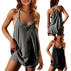✨✨Women's Summer Sleeveless  Mini Dress with Built-in Shorts V Neck Spaghetti Straps Athletic Shorts Tennis Dress with Pockets