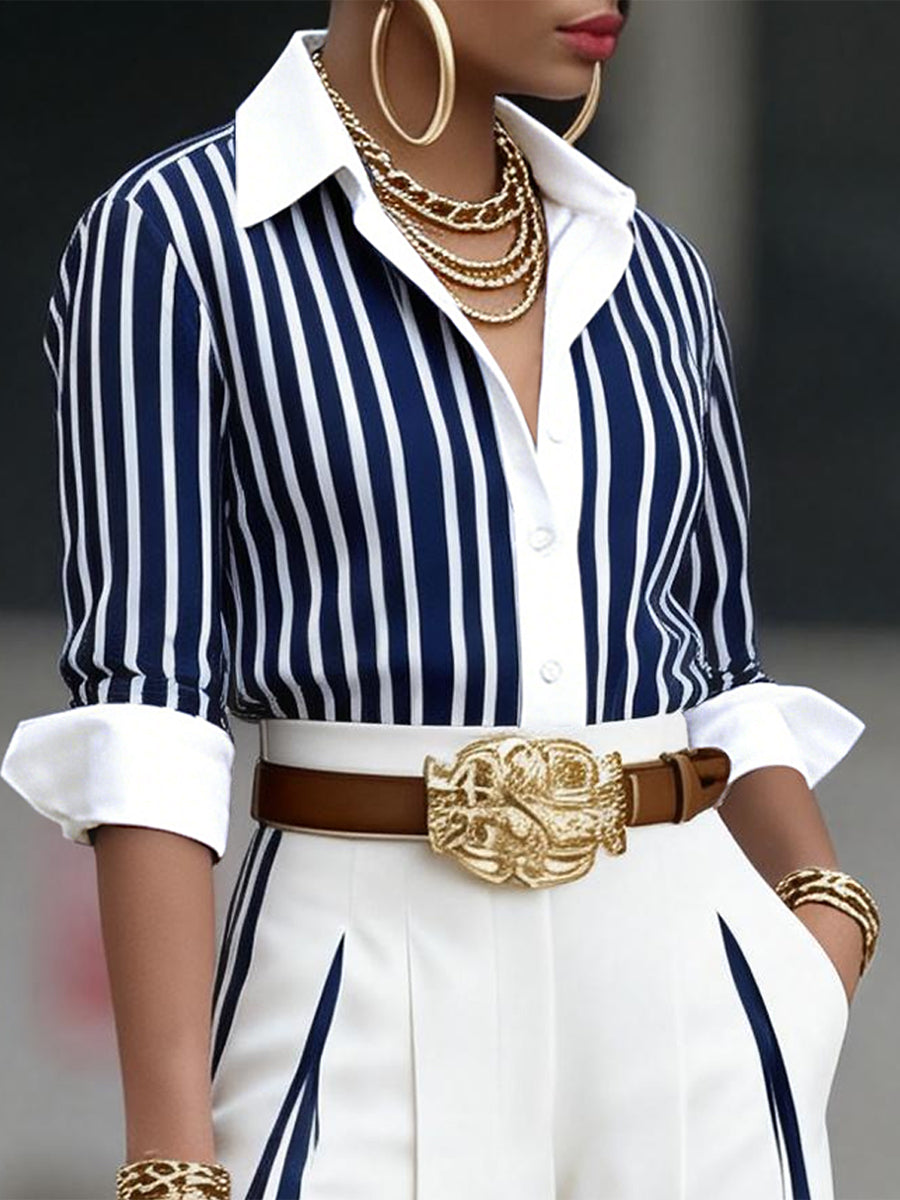 Elegant Artistic Striped Shirt - Sophisticated Linear Print Blouse