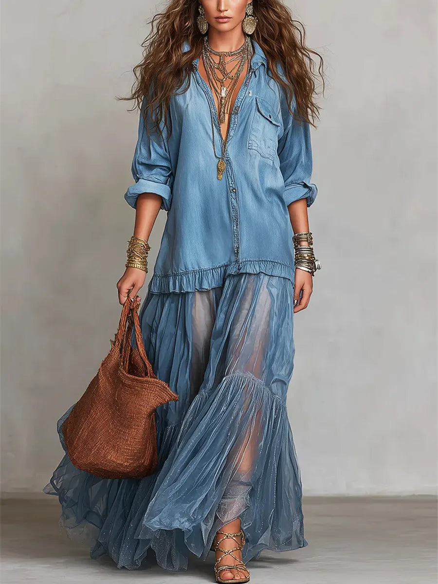 📦📦LAST DAY SAVE 49% ⏰Women's Retro Lapel Denim Organza Patchwork Art Casual Maxi Dress