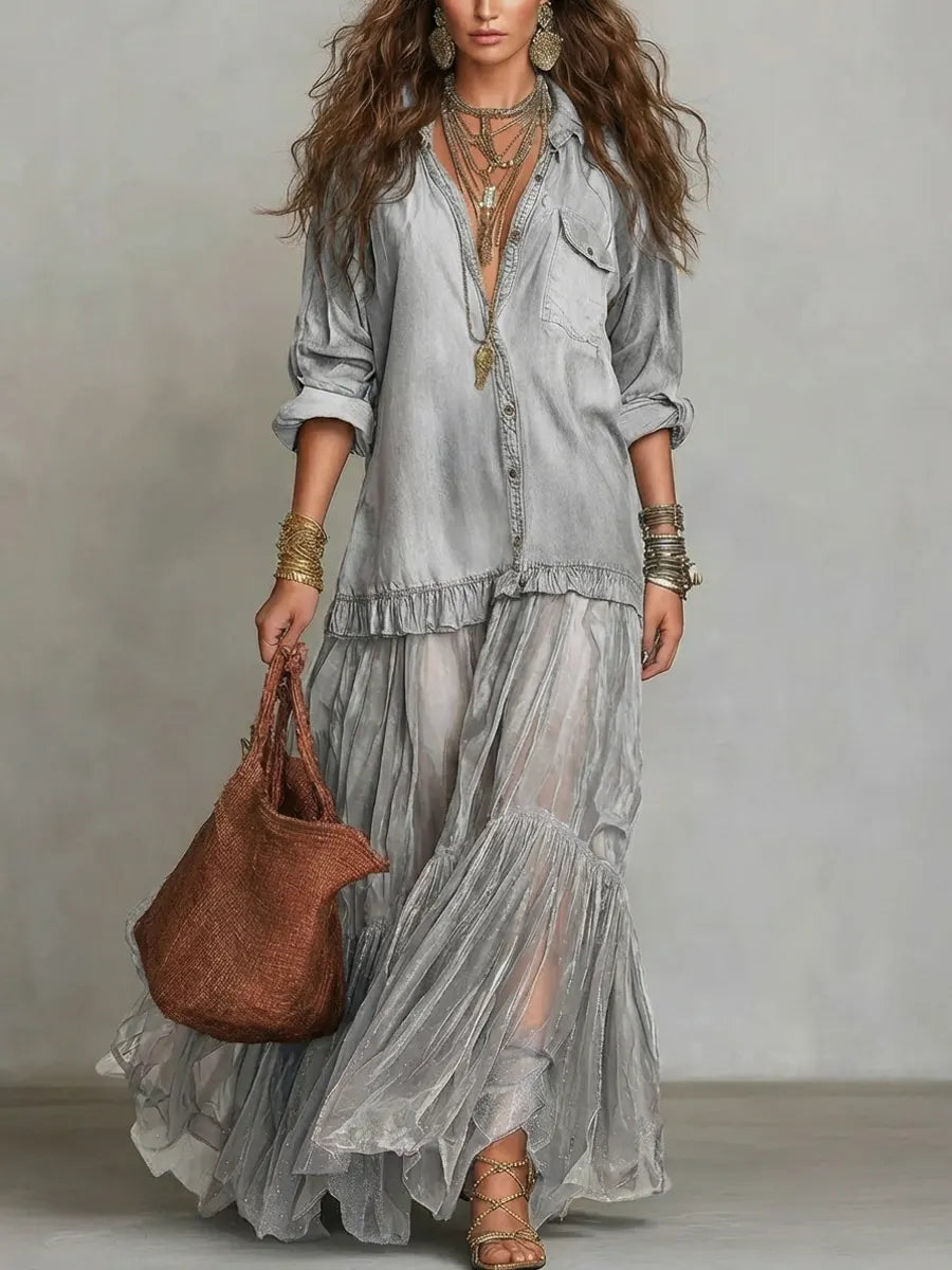 📦📦LAST DAY SAVE 49% ⏰Women's Retro Lapel Denim Organza Patchwork Art Casual Maxi Dress