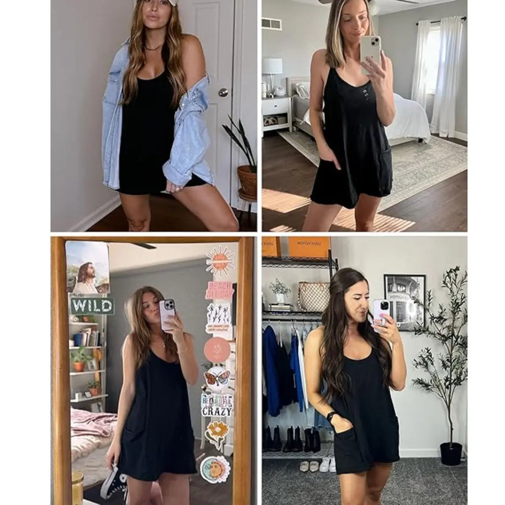 ✨✨Women's Summer Sleeveless  Mini Dress with Built-in Shorts V Neck Spaghetti Straps Athletic Shorts Tennis Dress with Pockets
