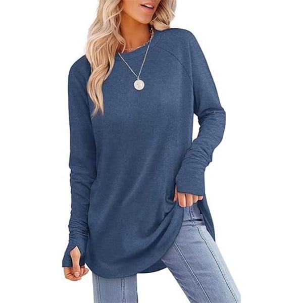 📦📦LAST DAY SAVE 49% ⏰Womens Tunic Tops to Wear with Leggings Long Sleeve Thumb Crew Neck Curved Hem