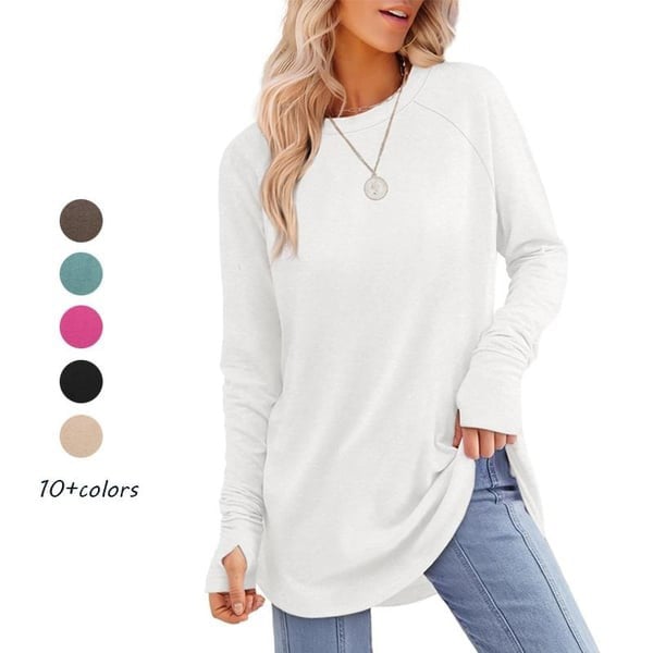 📦📦LAST DAY SAVE 49% ⏰Womens Tunic Tops to Wear with Leggings Long Sleeve Thumb Crew Neck Curved Hem