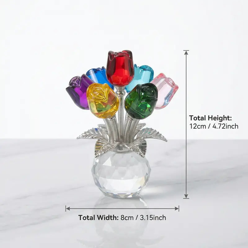 ✨✨Colorful Rose Flower Crystal Figurine with Vase Bouquet K9 Crystal Handmade Ornament