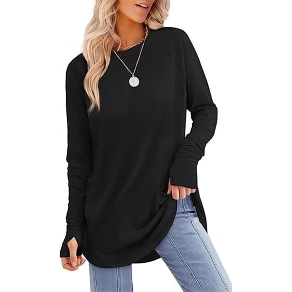 📦📦LAST DAY SAVE 49% ⏰Womens Tunic Tops to Wear with Leggings Long Sleeve Thumb Crew Neck Curved Hem