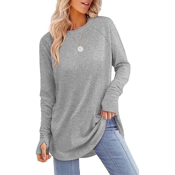 📦📦LAST DAY SAVE 49% ⏰Womens Tunic Tops to Wear with Leggings Long Sleeve Thumb Crew Neck Curved Hem