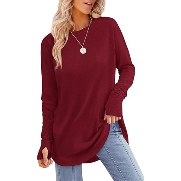 📦📦LAST DAY SAVE 49% ⏰Womens Tunic Tops to Wear with Leggings Long Sleeve Thumb Crew Neck Curved Hem
