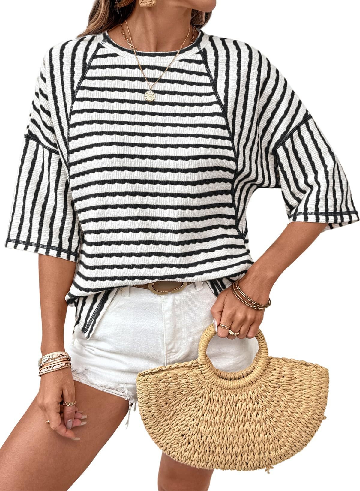 📦📦LAST DAY SAVE 49% ⏰Womens Summer Tops Oversized Tshirts for Women Striped Color Block Short Sleeve T Shirts Crewneck Casual Tee Blouses