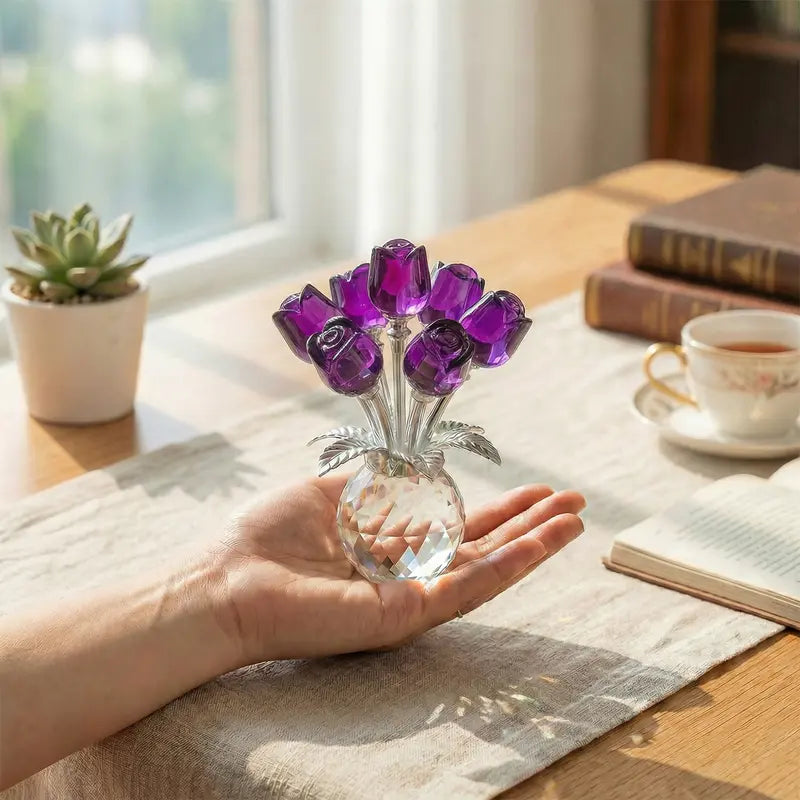 ✨✨Colorful Rose Flower Crystal Figurine with Vase Bouquet K9 Crystal Handmade Ornament