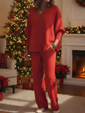 📦📦Buy 2 PCS for free shipping🔥 Women's Cozy Solid Color V-neck Knit Top And Pants Two-piece Set