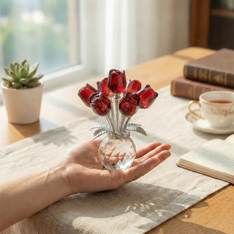 ✨✨Colorful Rose Flower Crystal Figurine with Vase Bouquet K9 Crystal Handmade Ornament