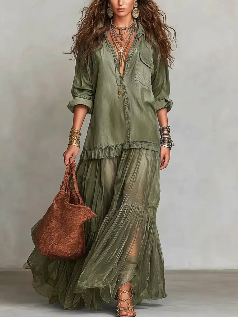 📦📦LAST DAY SAVE 49% ⏰Women's Retro Lapel Denim Organza Patchwork Art Casual Maxi Dress