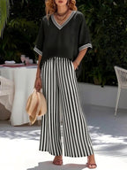 💝💝Casual Two-piece Set: Striped Linen & Cotton Patchwork Top And Striped Trousers— Look Put Together in 5 Seconds