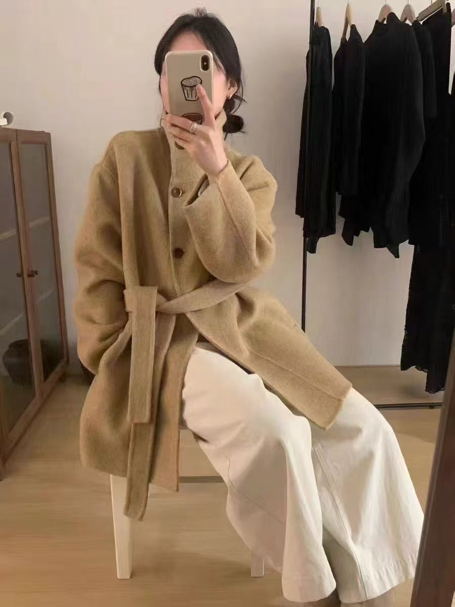 New Hepburn-Style Double-Faced Wool Coat for Women Korean-Style Academic Look Flattering Fit for Petite Frames Stand Collar Wool Blend Jacket