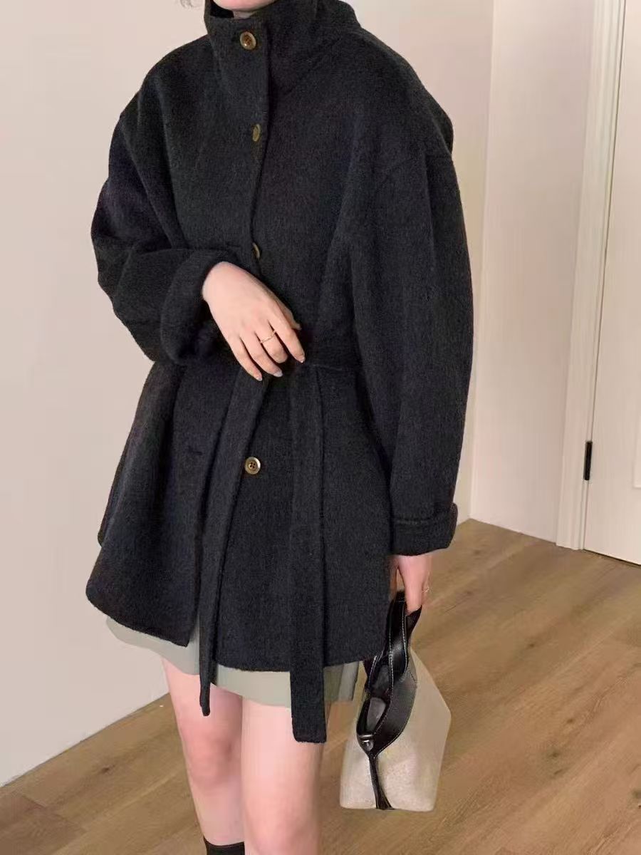 New Hepburn-Style Double-Faced Wool Coat for Women Korean-Style Academic Look Flattering Fit for Petite Frames Stand Collar Wool Blend Jacket