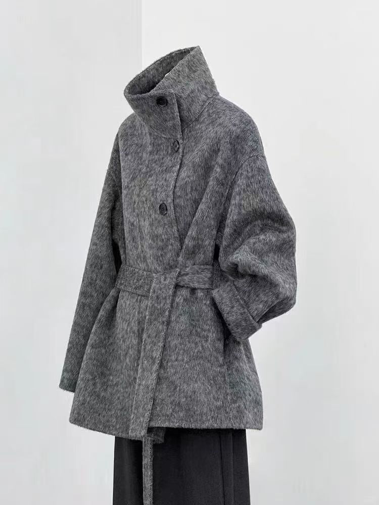 New Hepburn-Style Double-Faced Wool Coat for Women Korean-Style Academic Look Flattering Fit for Petite Frames Stand Collar Wool Blend Jacket