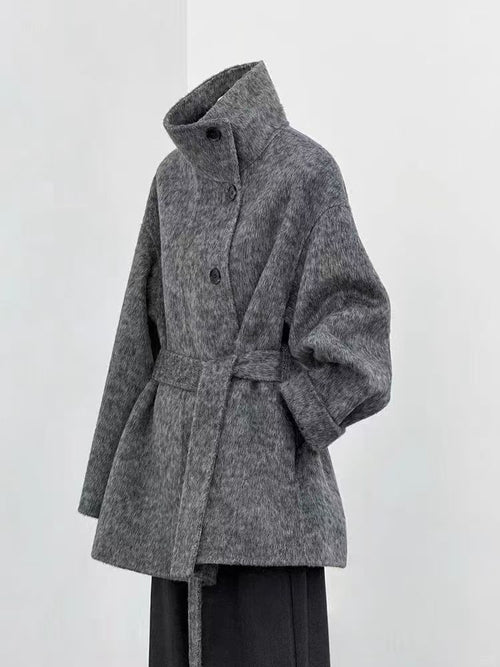 New Hepburn-Style Double-Faced Wool Coat for Women Korean-Style Academic Look Flattering Fit for Petite Frames Stand Collar Wool Blend Jacket