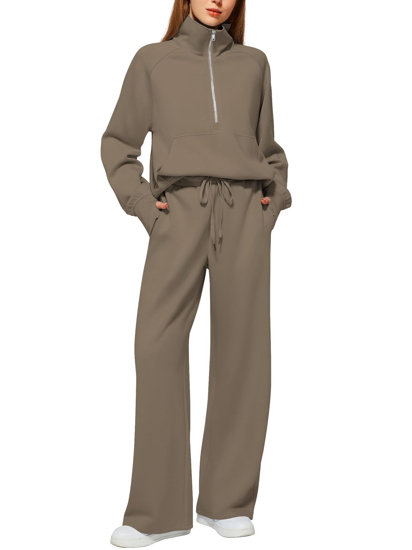 📦📦CLEARANCE SALE🔥 Women's Solid Color Cotton Half Zip Two-Piece Set