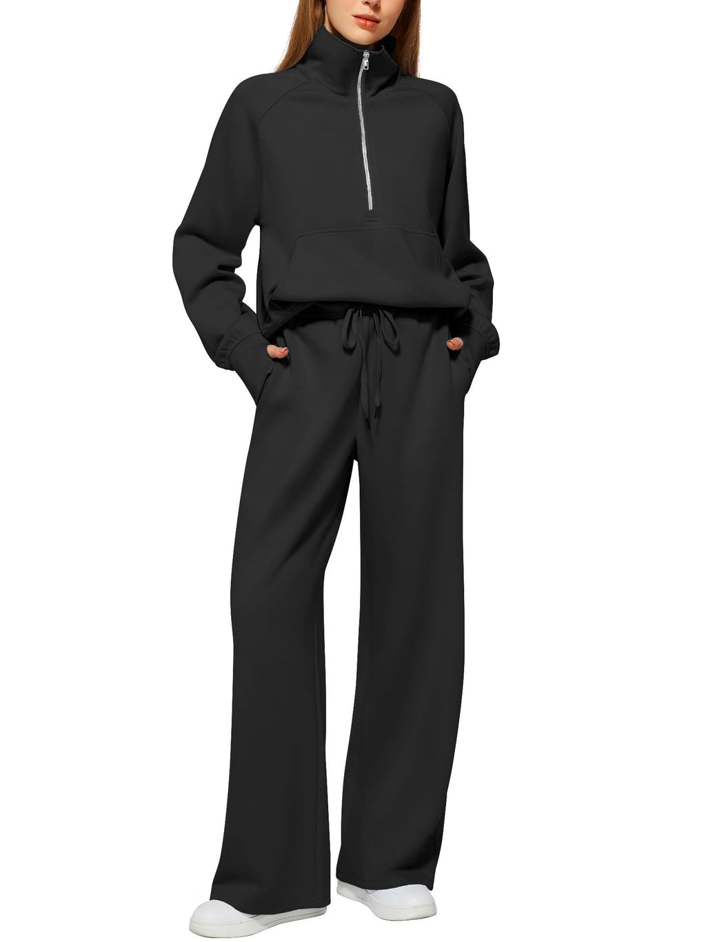 📦📦CLEARANCE SALE🔥 Women's Solid Color Cotton Half Zip Two-Piece Set