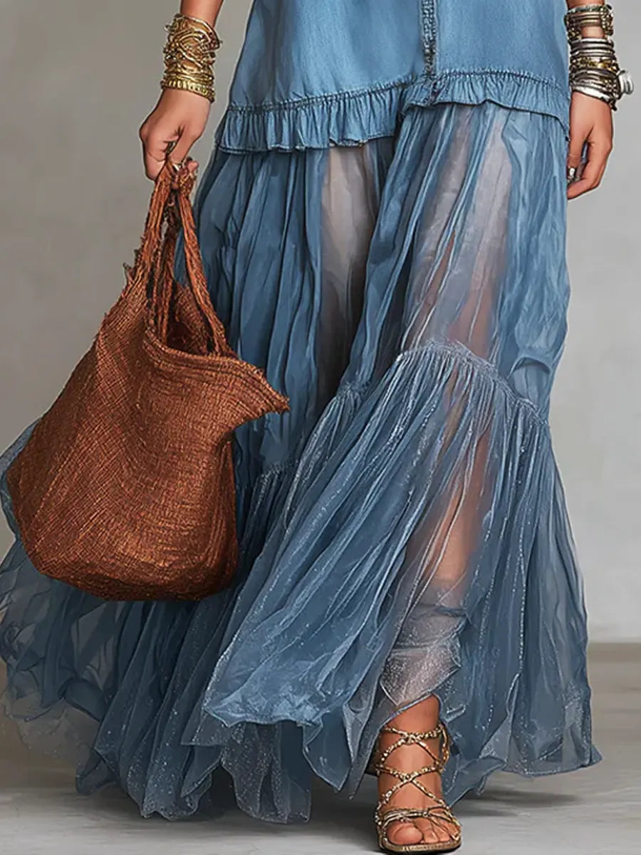 📦📦LAST DAY SAVE 49% ⏰Women's Retro Lapel Denim Organza Patchwork Art Casual Maxi Dress