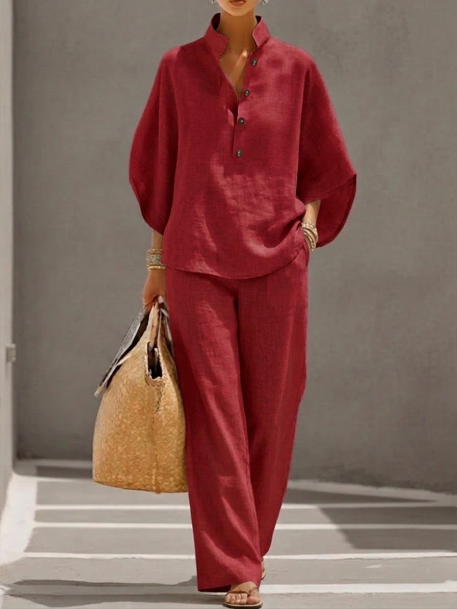 📦📦LAST DAY SAVE 49% ⏰Casual Batwing Sleeve Linen And Cotton Shirt And Trousers Two-piece Set