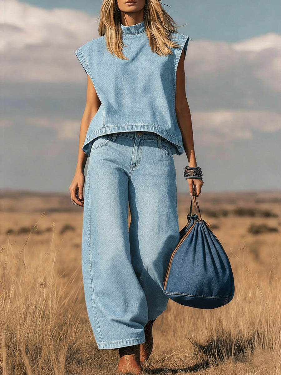 ✨✨Buy 2 Pcs Free Shipping - Women's Stand Collar Sleeveless Casual Loose Top and High Waisted Loose Wide Leg Denim Pants Set
