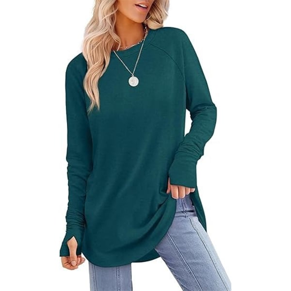 📦📦LAST DAY SAVE 49% ⏰Womens Tunic Tops to Wear with Leggings Long Sleeve Thumb Crew Neck Curved Hem