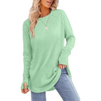 📦📦LAST DAY SAVE 49% ⏰Womens Tunic Tops to Wear with Leggings Long Sleeve Thumb Crew Neck Curved Hem
