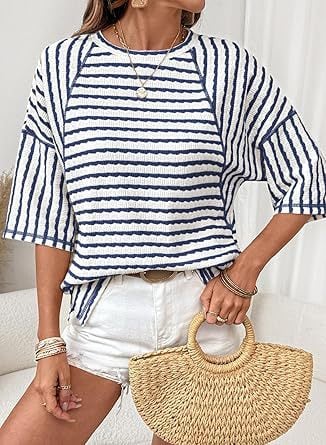 📦📦LAST DAY SAVE 49% ⏰Womens Summer Tops Oversized Tshirts for Women Striped Color Block Short Sleeve T Shirts Crewneck Casual Tee Blouses