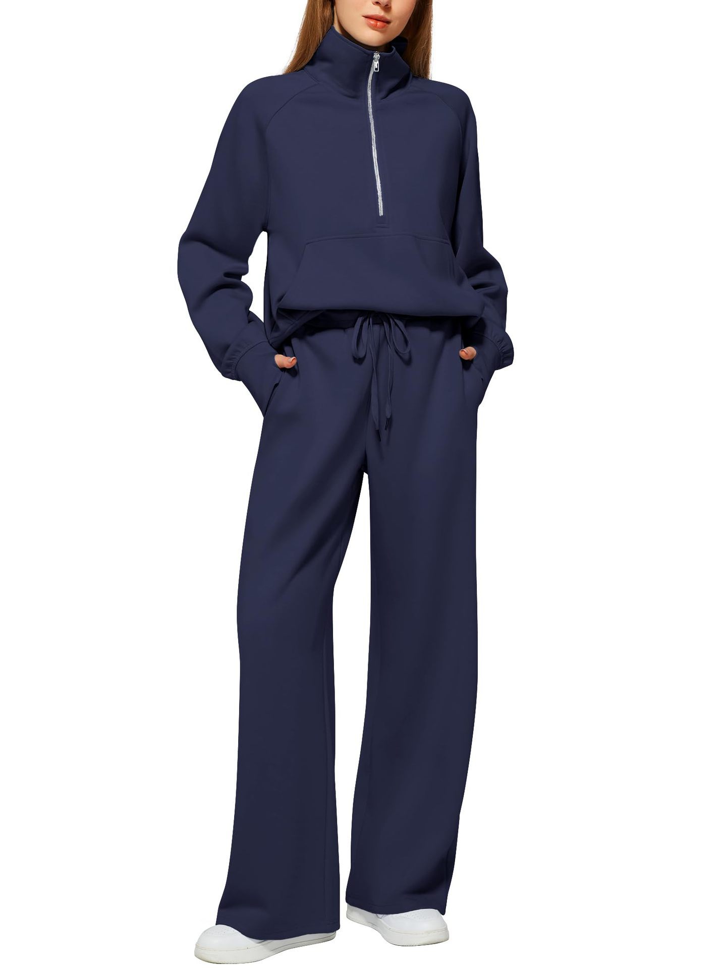 📦📦CLEARANCE SALE🔥 Women's Solid Color Cotton Half Zip Two-Piece Set