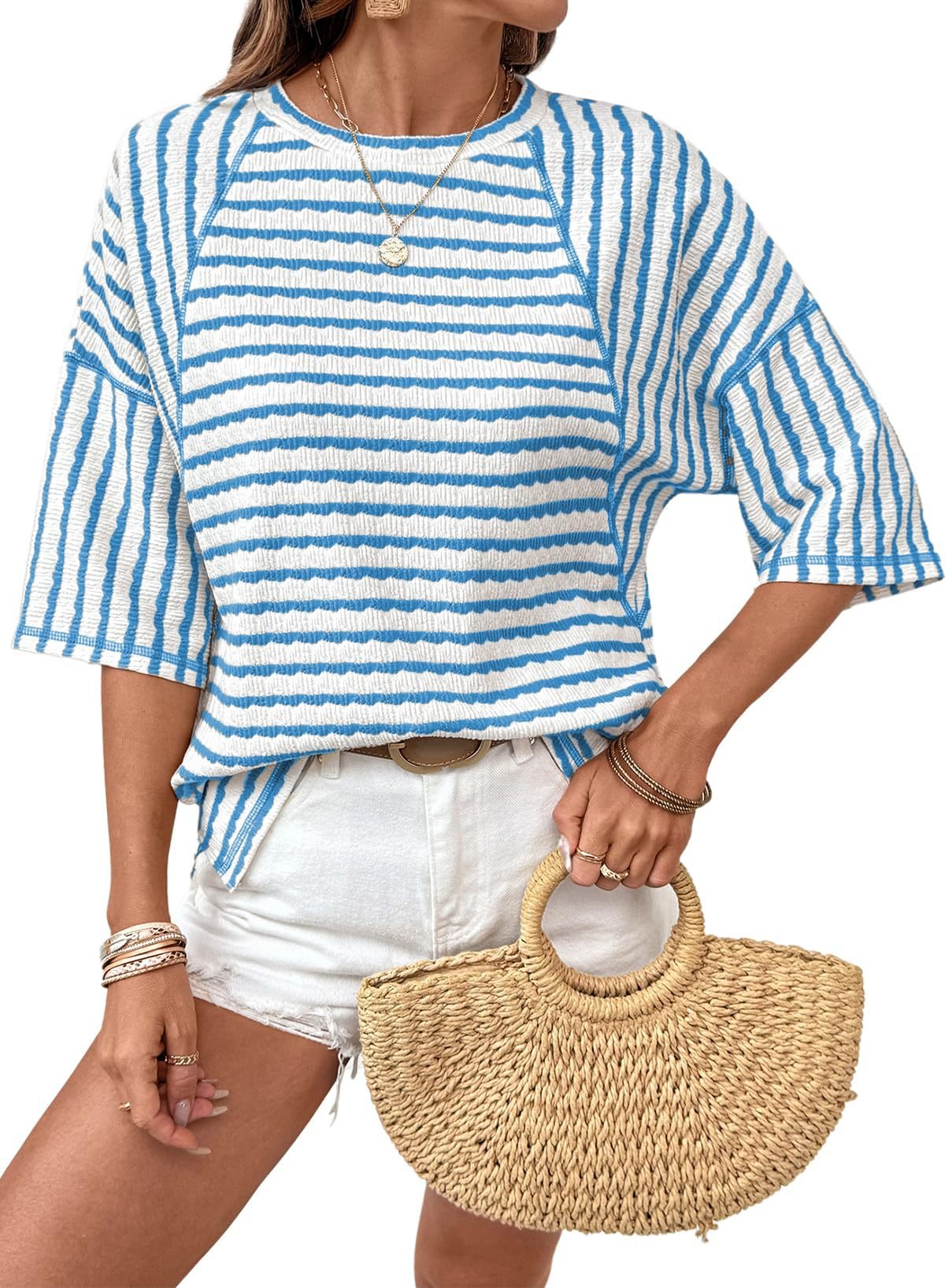 📦📦LAST DAY SAVE 49% ⏰Womens Summer Tops Oversized Tshirts for Women Striped Color Block Short Sleeve T Shirts Crewneck Casual Tee Blouses