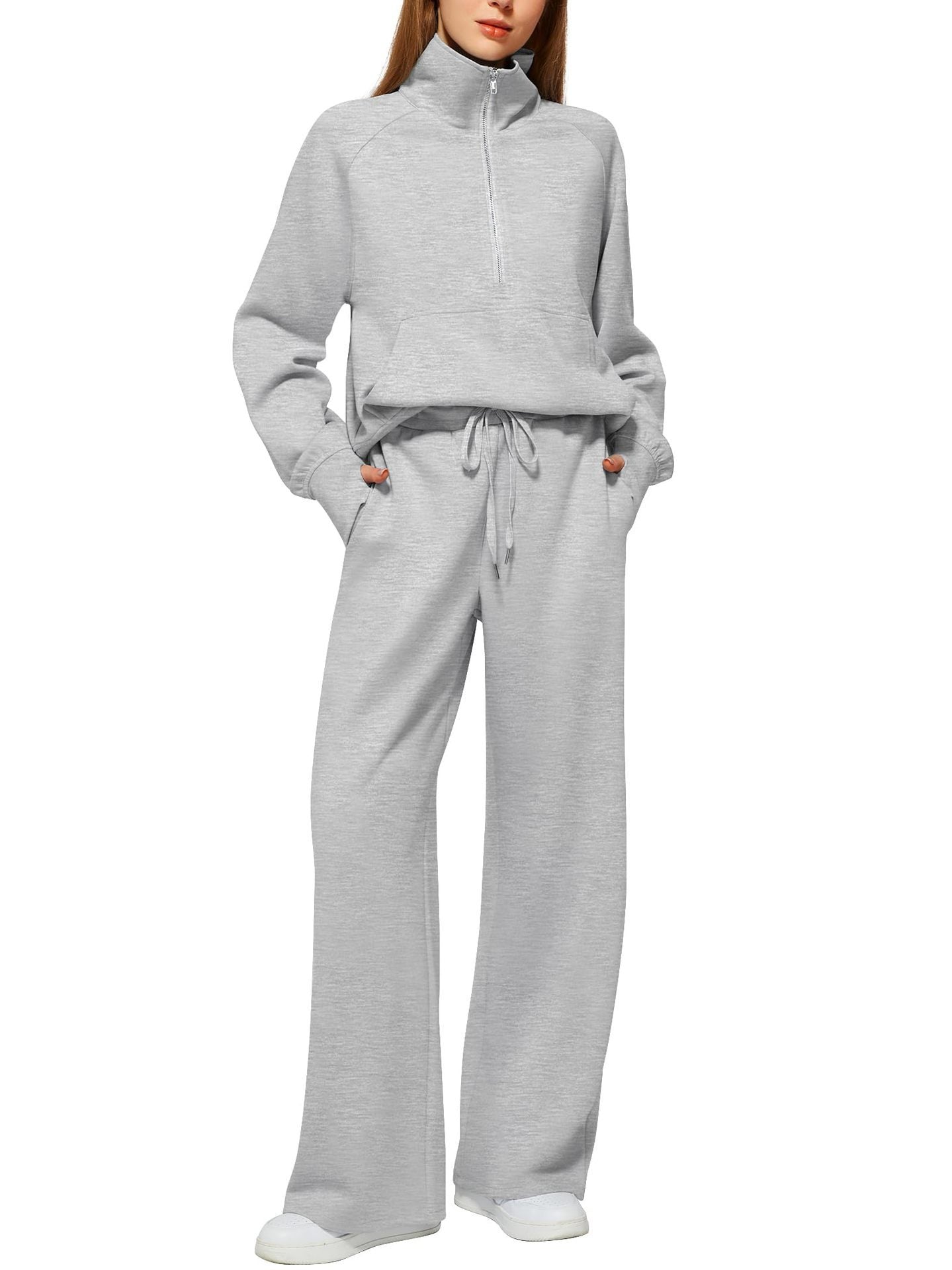 📦📦CLEARANCE SALE🔥 Women's Solid Color Cotton Half Zip Two-Piece Set